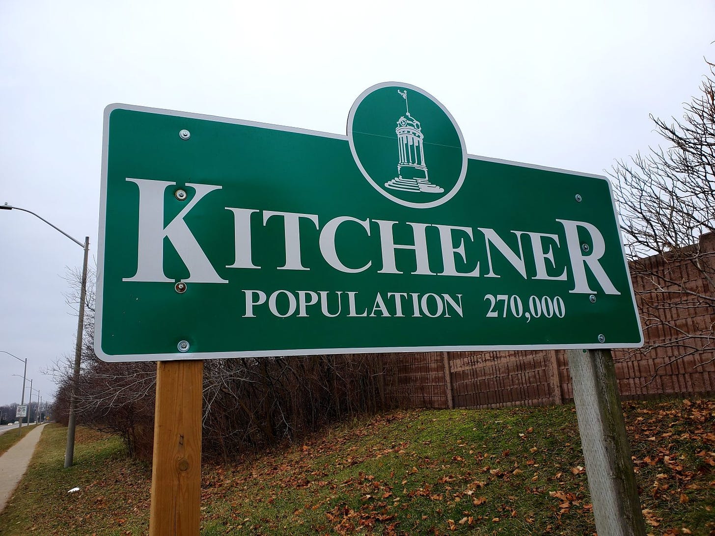 City of Kitchener sign showing a population of 270,000