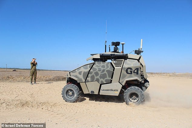 The Guardium was designed specifically to patrol the Gaza border and uses a 360-degree camera and loudspeaker to search for potential terrorist threats