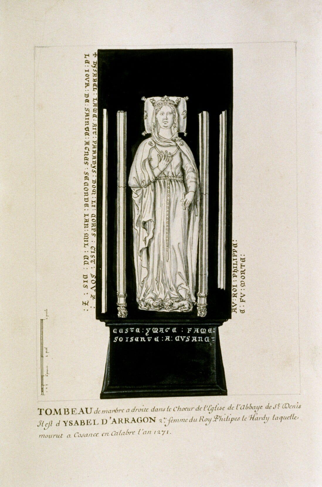 A black and white drawing of a thirteenth century tomb, with a black base and white elements displayed on top of it, including four columns and one queen.