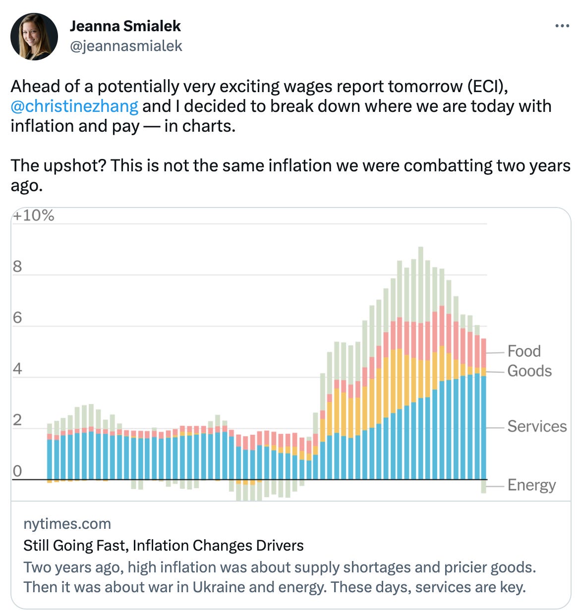  Jeanna Smialek @jeannasmialek Ahead of a potentially very exciting wages report tomorrow (ECI),  @christinezhang  and I decided to break down where we are today with inflation and pay — in charts.   The upshot? This is not the same inflation we were combatting two years ago.