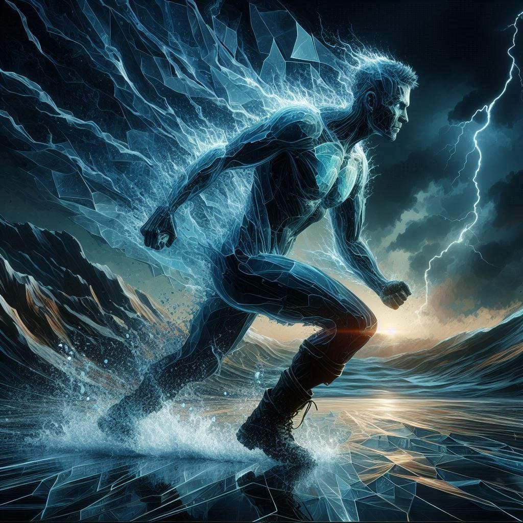 resin dendric lightning inside glass structure; tiltshift /Broken into fragments/ pieces/ 5d angled glass embedded /beautiful, heroic, strong handsom man/ velvet bluegreen long coat/ black leather boots. water in resin/ ; he is at Monks mound at Cahokia / amber cream,tsunami full of fire/ reverberating waves. black hole in floor/ water in resin verdigris/ In the style of Michael Parkes. black etching/ black linework/ black sky 