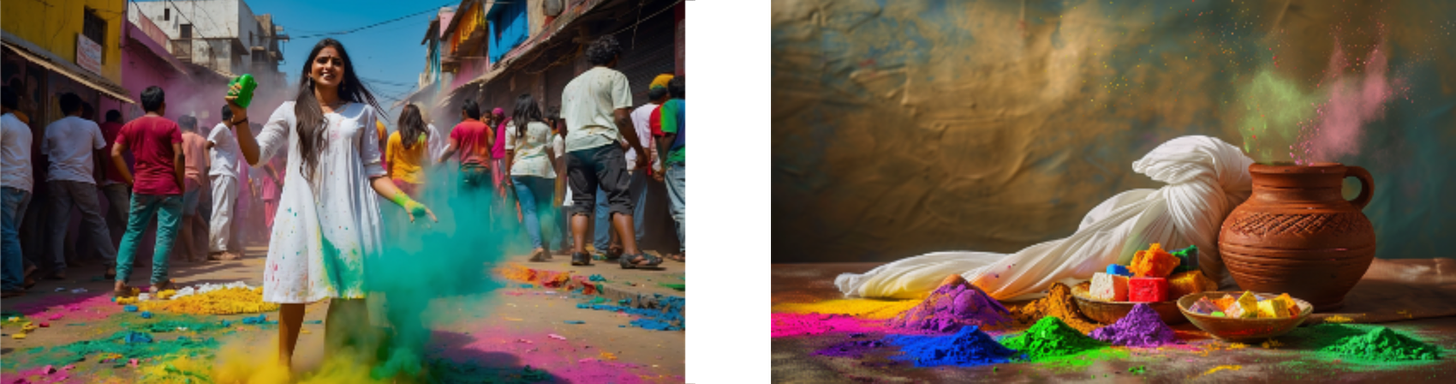 These images evoke the vivid and playful spirit of Holi. On the left, a woman stands in the street with a joyful stance, surrounded by the bright colors of Holi powders on the ground, with others engaged in the celebration in the background. Her white dress is speckled with colors, and she’s holding a green color spray, ready to join in the fun. The right image is a still life that beautifully captures the essence of the festival, featuring mounds of colorful Holi powder and traditional sweets beside an earthen pot and white fabric, creating a composition that's rich in texture and symbolism. The explosive puff of color above the pot suggests the burst of joy and festivity that Holi brings. Together, these images beautifully contrast the exuberance of the celebration with the cultural artifacts that represent the festival's traditions.