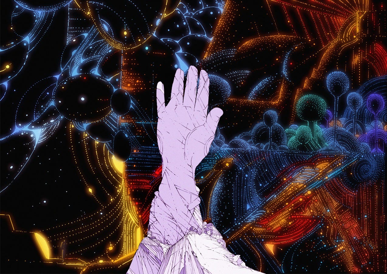 Ilustração de elementos astrológico de fundo e uma mão levantada que, para o contexto do artigo, simboliza uma pessoa levantando a mão para responder uma pergunta.