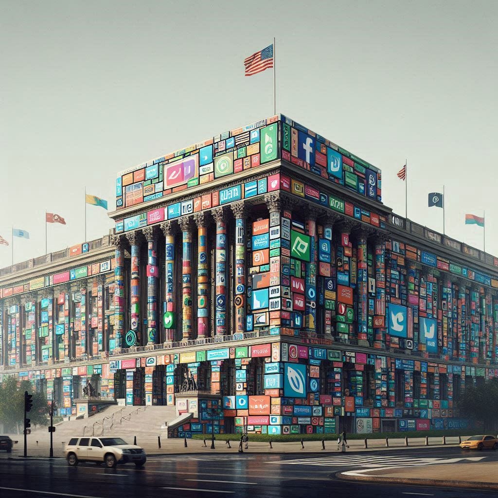 An AI-generated image showing a US government building covered with tech company logos