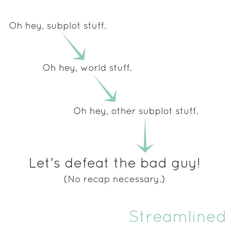 A straight line of dialogue topics that only hits each subject once and ends with the main point about defeating the bad guy