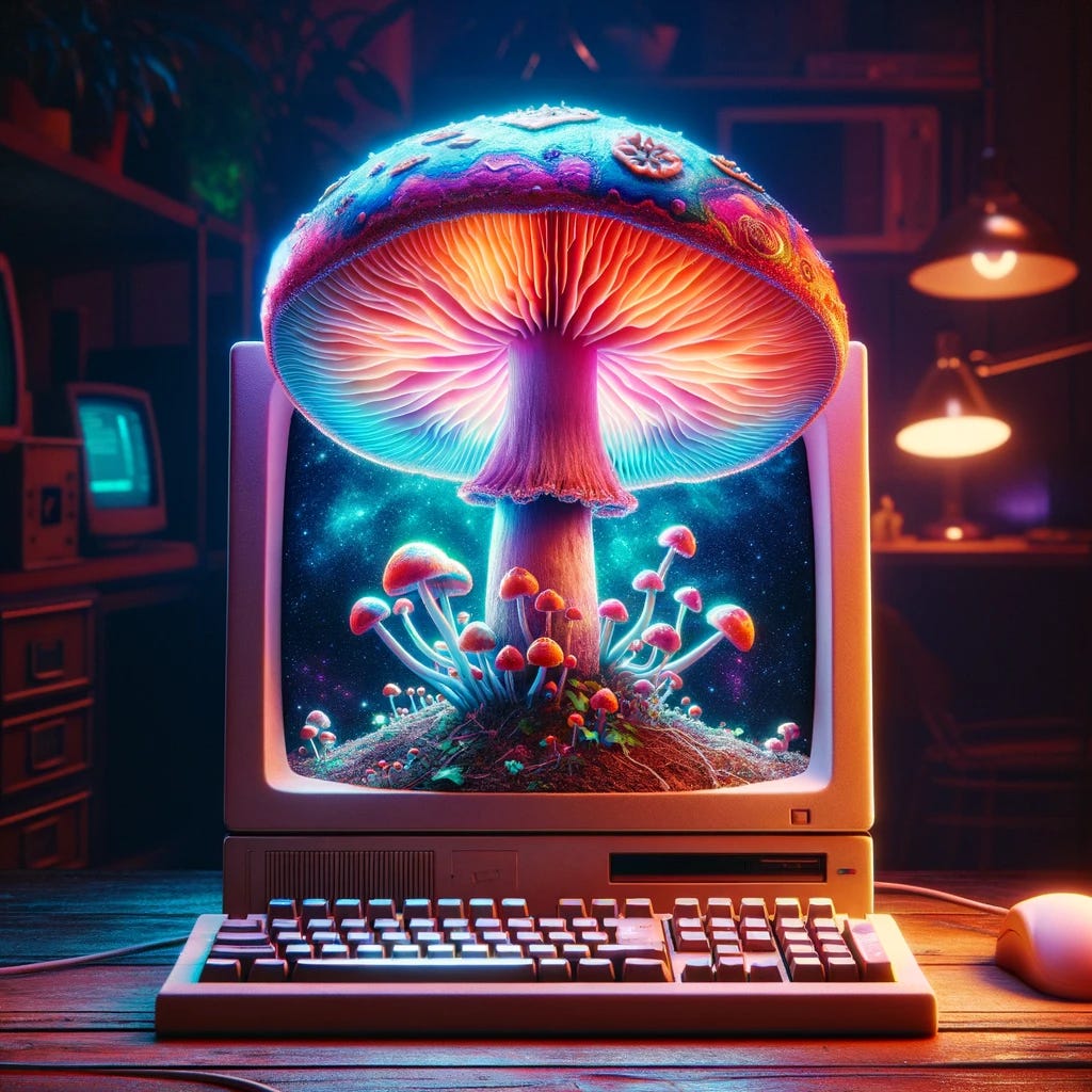 A vibrant, psychedelic mushroom sprouting directly from the center of a computer screen, with an array of dazzling colors and intricate patterns on its cap. The mushroom is large, almost covering the screen, which is set in a dimly lit room, casting a soft glow around it. The computer is an old-fashioned, bulky desktop model, adding a contrast of the natural and the digital. The room around the computer is filled with other tech gadgets and plants, blurring the lines between technology and nature. This surreal scene combines elements of fantasy and reality, highlighting the juxtaposition of organic growth with electronic devices.