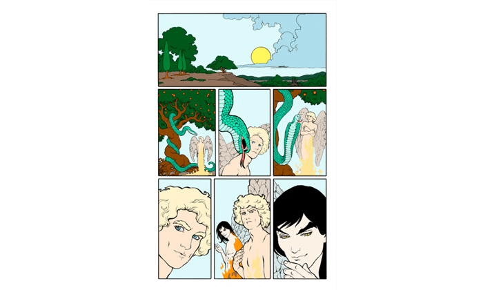 Page 2 of the graphic novel digitally filled in with colours closer to the plans for the final illustration.