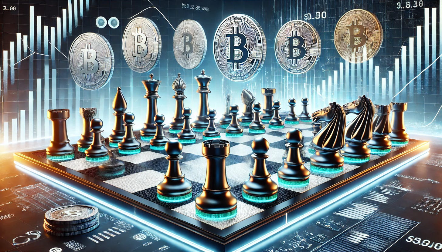 A visually striking chessboard set in a futuristic financial setting. The chess pieces are designed to represent financial symbols: a gold bar as a rook, a Bitcoin coin as a pawn, a stock market chart as a bishop, and a dollar sign as a knight. The chessboard is surrounded by glowing financial data, including graphs and numbers. The setting has a high-tech, modern aesthetic with a blue and silver color palette, symbolizing strategy and precision in finance. The perspective is dynamic, capturing both the chessboard and the surrounding data in a way that emphasizes the importance of strategic thinking.