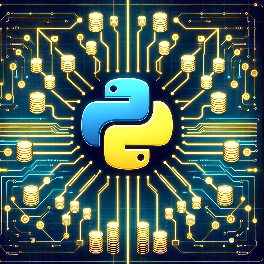 Create an image showcasing the concept of parallelization in Python programming with a clear emphasis on database interactions. Visualize a central Python programming language logo, with multiple parallel lines extending from it, each representing a thread of execution. These lines should branch off into stylized icons of databases and servers, indicating the connection and interaction with various data sources. The lines of parallel execution should be interconnected, forming a network that symbolizes efficient data processing and exchange. The background should be a digital landscape, filled with elements like circuit patterns, binary code, and digital waveforms, reflecting a sophisticated programming environment. The overall color scheme should incorporate Python's blue and yellow, creating a vibrant and modern look that highlights the theme of advanced computing in Python.