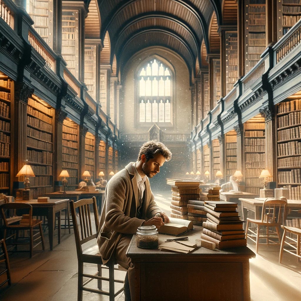 An image depicting a focused scientist studying in the historic library of Oxford, surrounded by tall, majestic bookcases filled with ancient and modern tomes. The scientist, clad in casual yet scholarly attire, is seated at a classic wooden study table, deeply engrossed in reading and taking notes from a pile of books. The library's grand architecture, with arched windows allowing soft sunlight to filter through, illuminates the dust motes dancing in the air. The atmosphere is serene and scholarly, evoking a sense of timeless pursuit of knowledge.