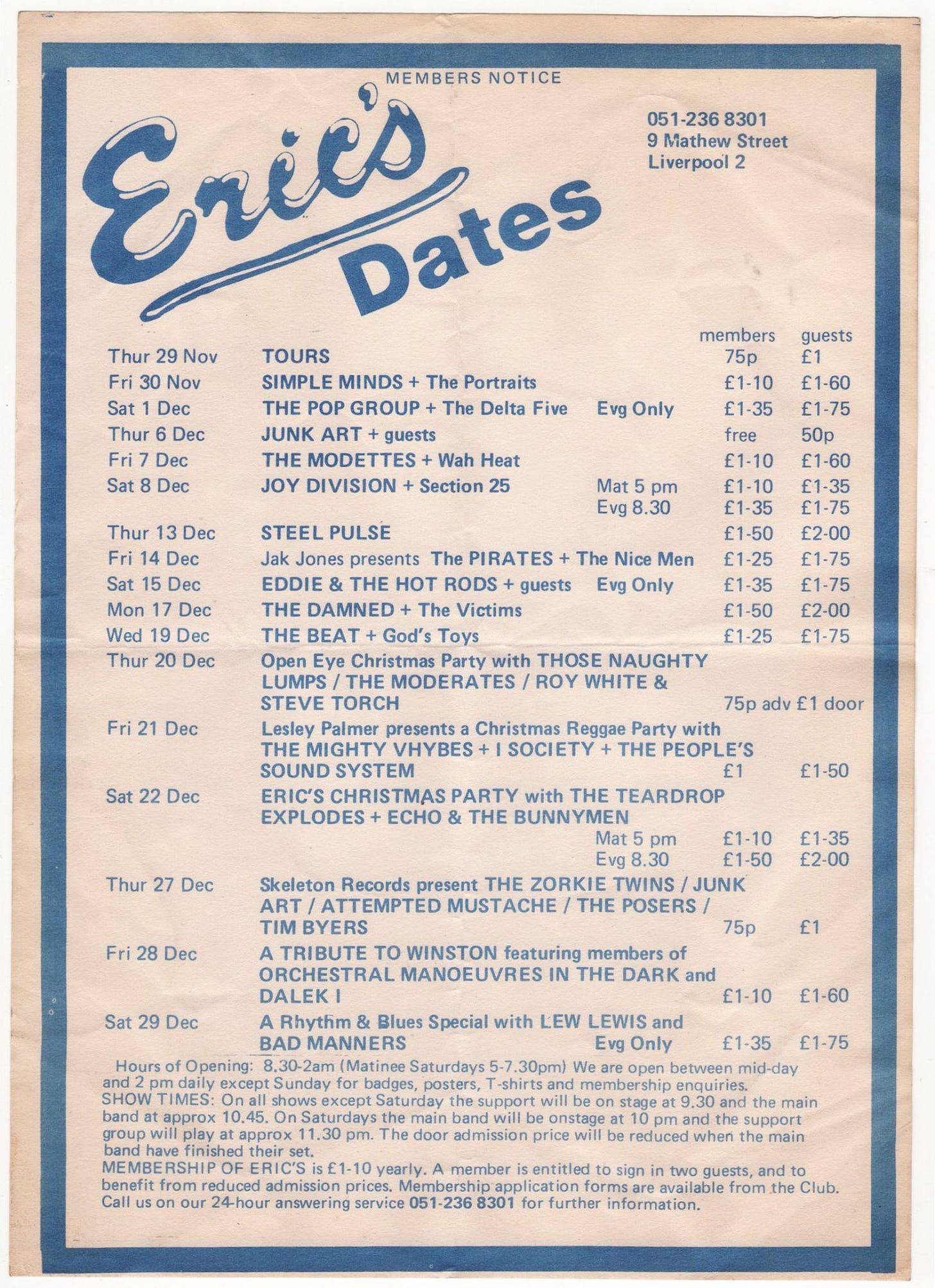 Eric's flyer with dates for November/December 1979. Simple Minds are on 30th November. Support was The Portraits, and tickets were £1.10 members, £1.60 guests.