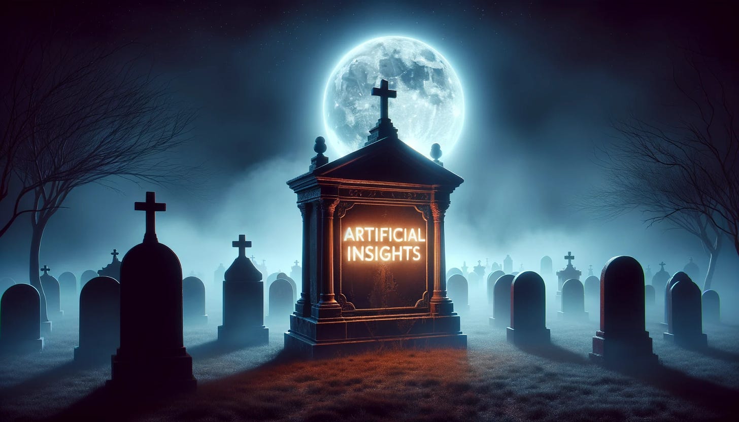 Photo of a spooky graveyard at night with mist rolling in. Tombstones are silhouetted against the moonlit sky. On an ancient mausoleum, the words 'ARTIFICIAL INSIGHTS' glow eerily.