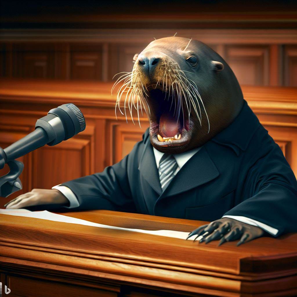 realistic photo of a courtroom with a sealion in a business suit testifying on the witness stand angrily ranting 