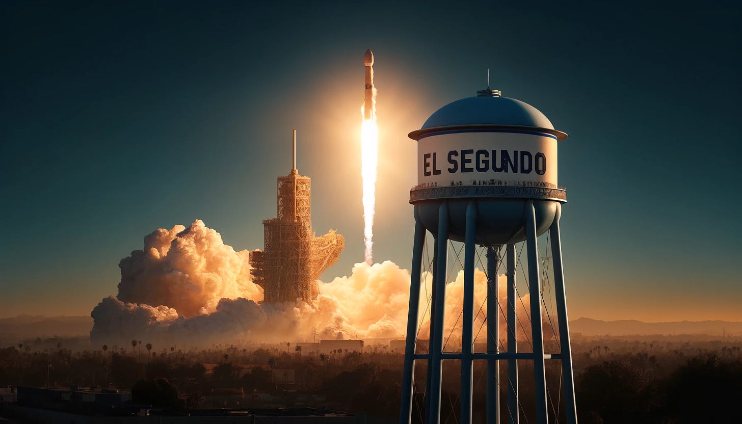 A dramatic scene depicting a rocket launch in the distance with visible flames and smoke trails, set against a clear blue sky. In the foreground, prominently featured is the El Segundo water tower, an iconic cylindrical structure with 'El Segundo' written on it. The water tower is well-lit by the afternoon sun, contrasting sharply with the fiery rocket launch in the background. The setting is realistic and captures the excitement of a space launch viewed from an urban area.