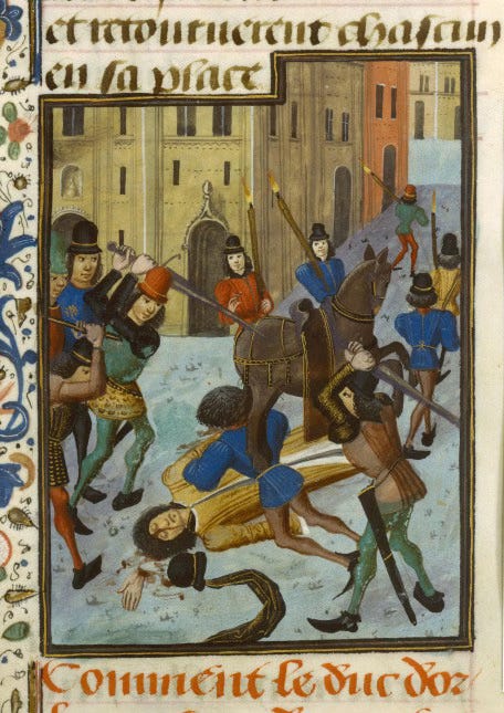 both pictures in the article are typical medieval paintings, this one is quite brutal with Louis on the ground, next to his horse while men are killing him with swords