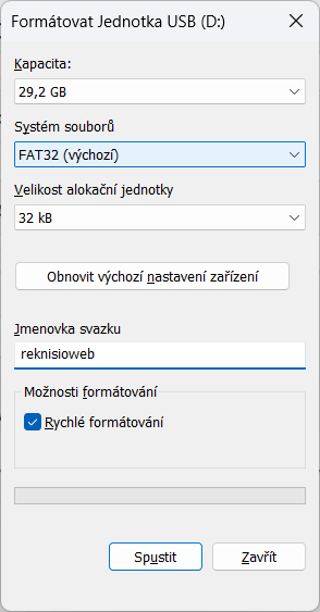 Dialogové okno pro formátování disku ve Windows 11