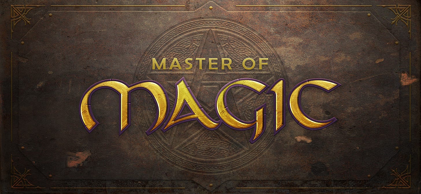 Cover of Master of Magic remake, showing the logo at the centre against a leather bound texture and pentagram background with stylized corners.