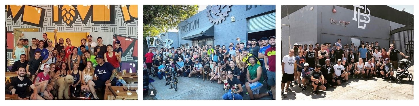 Previous LACR anniversary run photos at 3 regular breweries they visit: l-r Indie (RIP), Frogtown, and Boomtown.