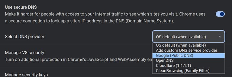 Google Chrome Browser Security Settings for DNS over HTTPS