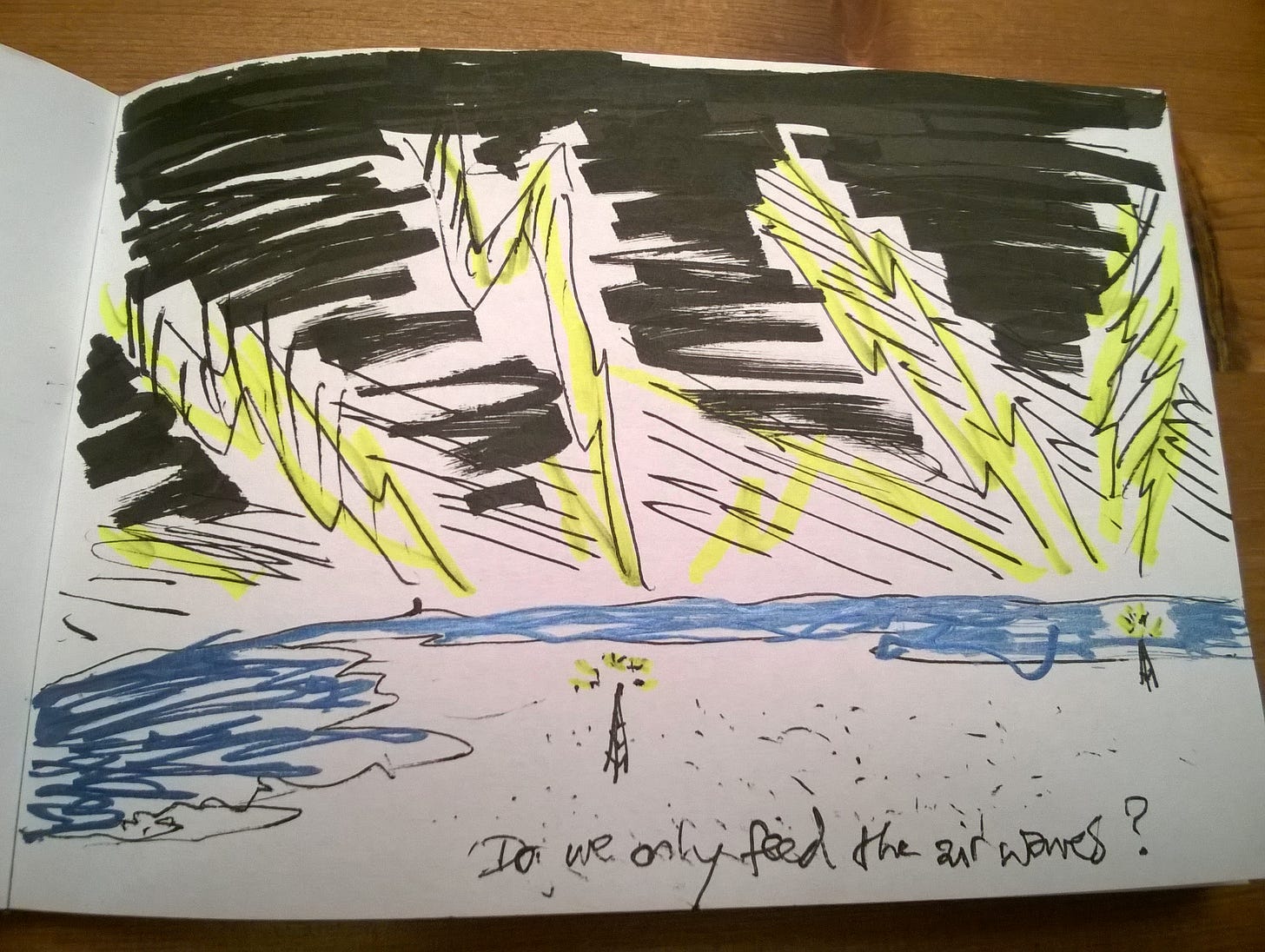 Marker sketch of radio towers beaming signals across an ocean, captioned "Do we only feed the airwaves?"