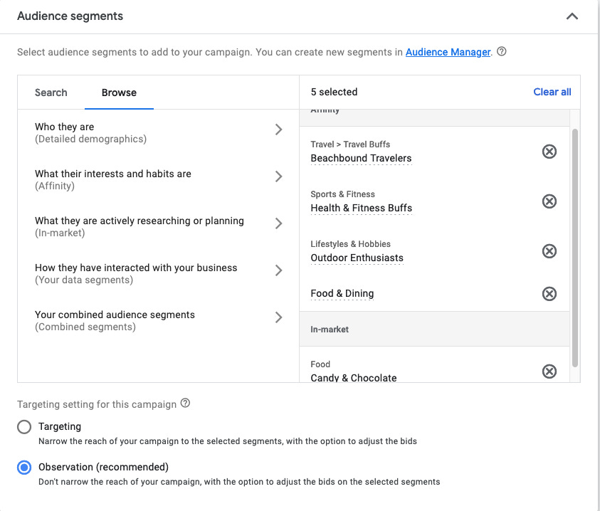 Google AdWords audience segments with 5 audiences selected 