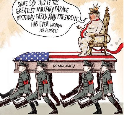 May be an illustration of the Oval Office and text that says 'SOME SAY THIS IS THE GREATEST MILITARY PARADE BIRTADAY PARTY ANY PRESIDENT HAS EVER THROWN FOR HIMSELF 會動业能有食上 DEMOCRACY'