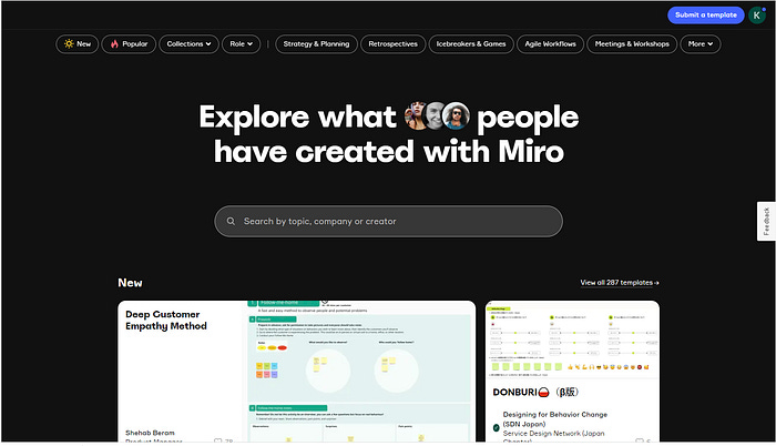 A screenshot of Miroverse, the community-driven content page for templates and more.