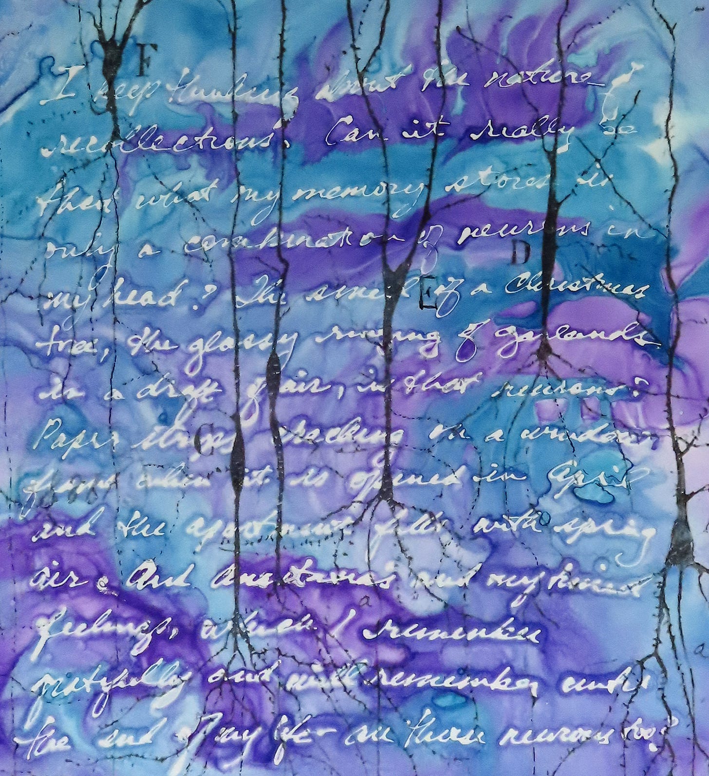 purple and blue ink painting with text beneth and neuron images 