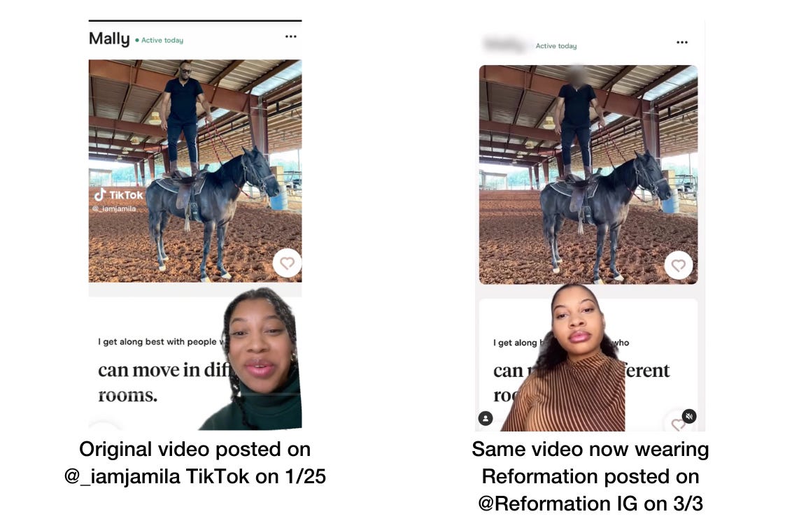screenshots showing the original video on the creator's feed and the new video on reformation's feed