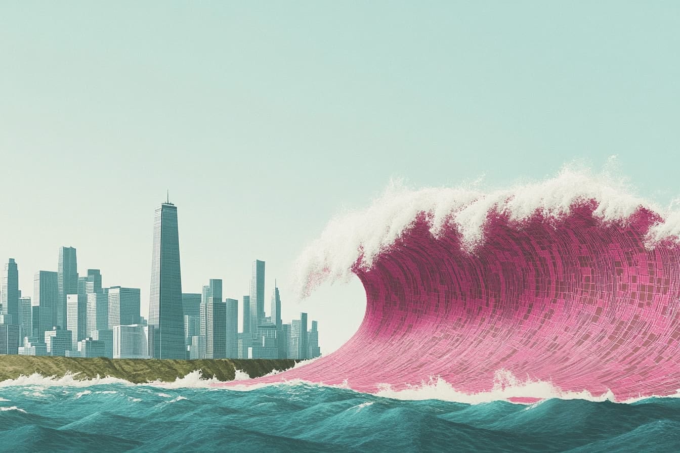 illustration of a giant red wave in front of a city