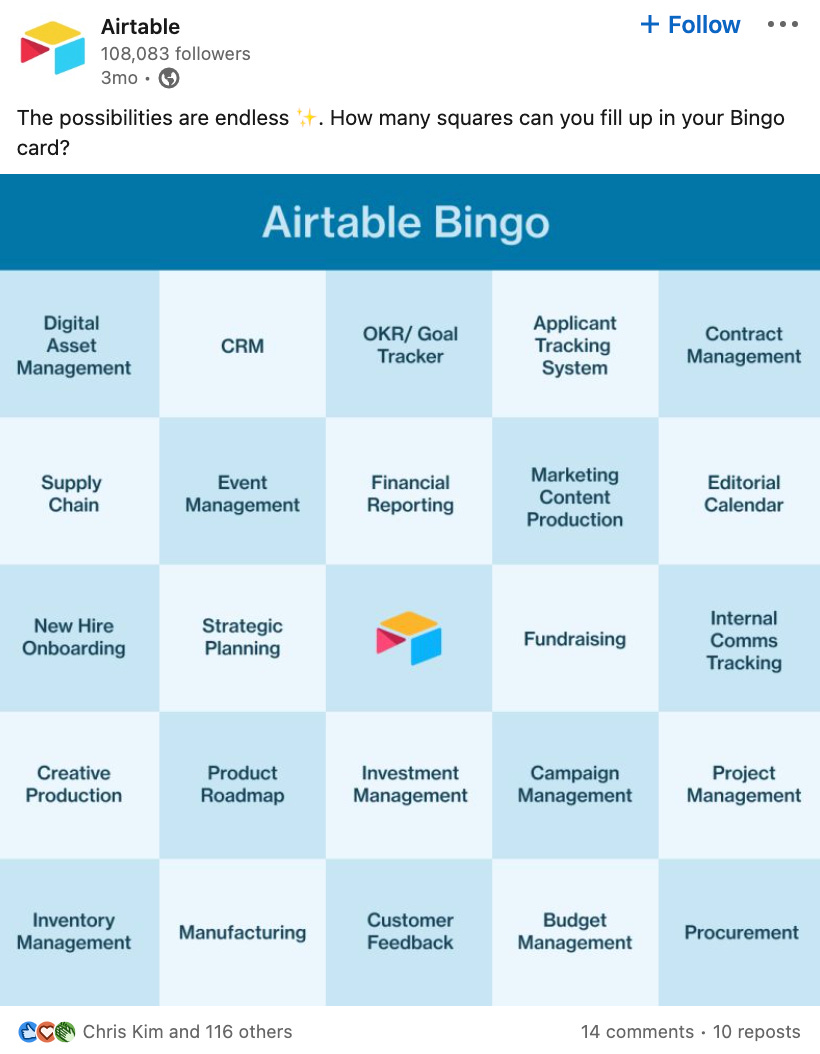 LinkedIn post of a bingo card showing all the different ways you can use Airtable