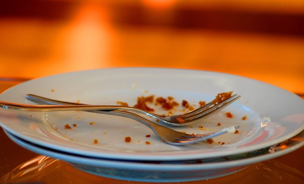 A white plate with a fork and some food on it. Plate cake forks cake  crumbs. - PICRYL - Public Domain Media Search Engine Public Domain Search