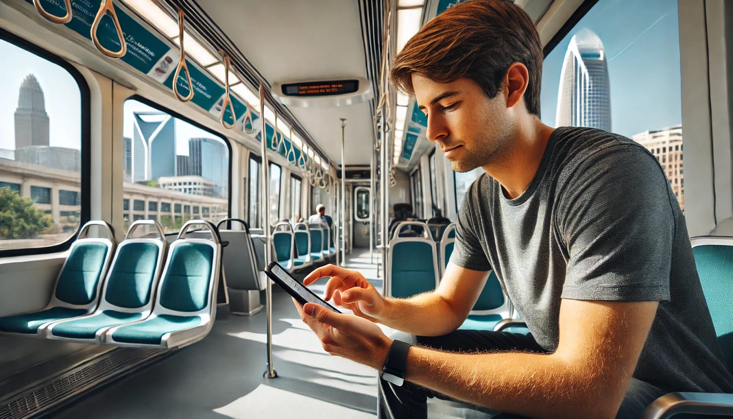 A person sitting on a light rail train, composing a question on their smartphone. The individual is concentrating on their phone, typing calmly while seated. The light rail car features modern interiors with clean, comfortable seats and large windows. Through the windows, the Charlotte, NC skyline can be seen, including iconic buildings like the Bank of America Corporate Center and Duke Energy Tower. It's a sunny day, with clear skies, and the urban landscape is clearly visible in the background, providing a peaceful, modern urban setting.