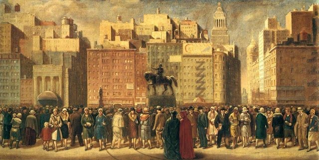 Isabel Bishop - Virgil And Dante In Union Square, 1932 - a busy scene at Union Square in New York City, there's a collage of buildings in the background, with different styles of architecture. At the center foreground is Virgil and Dante discussing what they see in the square.