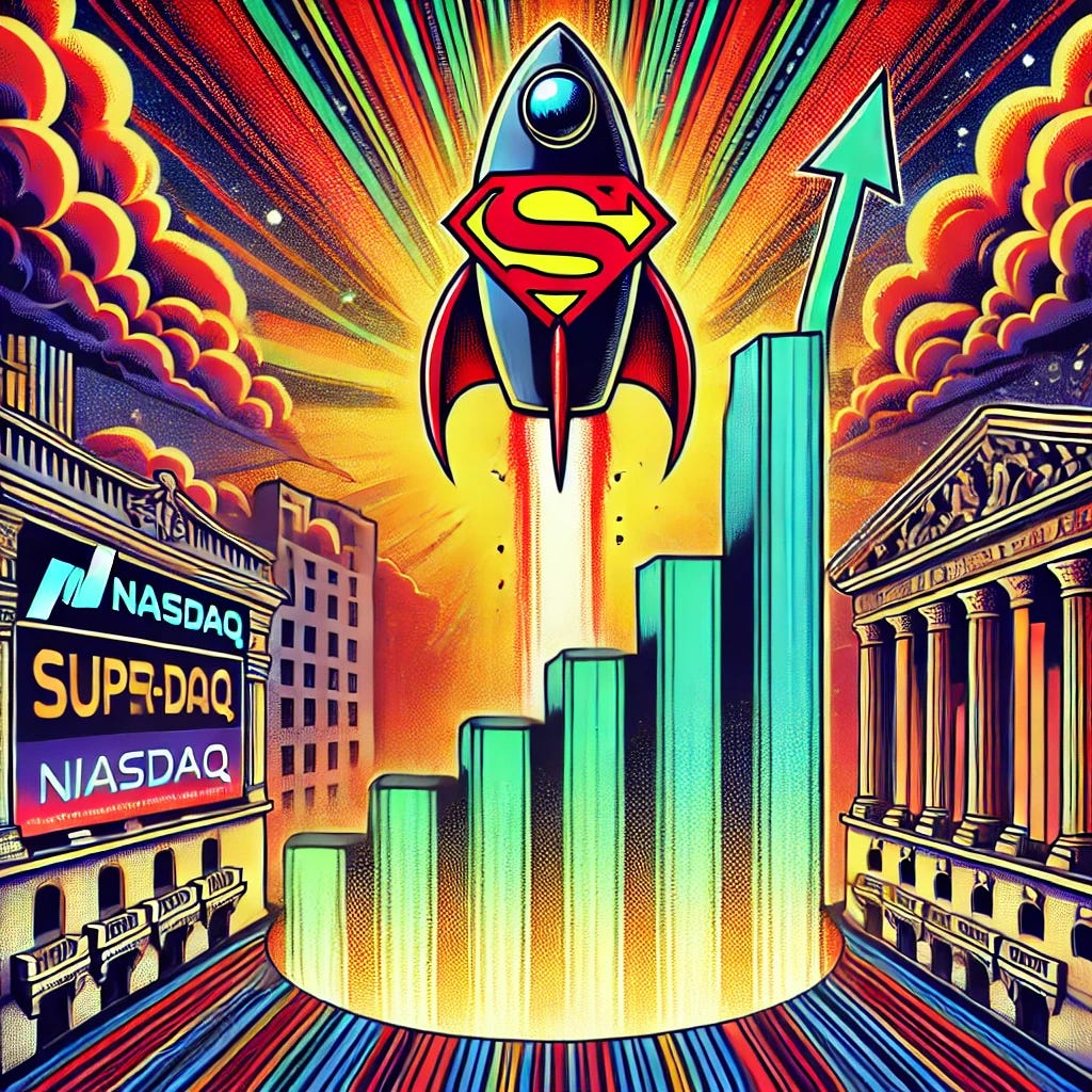 A vibrant, pop-art style illustration in 1920x1080 resolution showing a dramatic financial stock market scene with Super Micro's logo prominently displayed. The Nasdaq stock market backdrop is vibrant and bustling, with a metaphorical 'abyss' avoided by a rising graph that symbolizes soaring Super Micro stock prices. The graph climbs upwards with an animated rocket symbolizing the surge, and the overall color scheme reflects optimism and energy with dynamic reds, greens, and yellows.