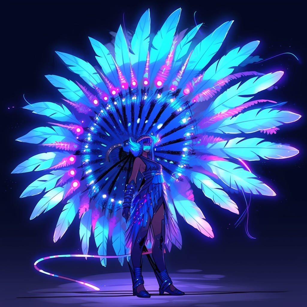 A dancer with a glowing ring of enormous feathers, a dress made of feathers, and a glowing whip.