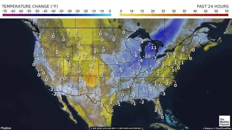 Variation in temperatures across the US in the past 24 hours.