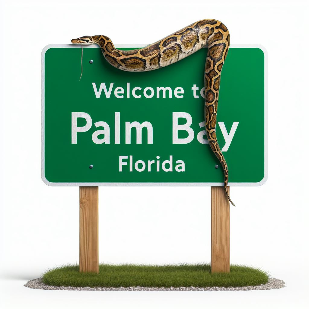 A small green welcome sign for Palm Bay, Florida, similar to the one attached, mounted on two wooden posts and situated along a busy highway. An actual Burmese python is climbing up and over the sign, covering some of the letters. The design is modern and straightforward, with no additional graphics or images to ensure the focus is on the snake.