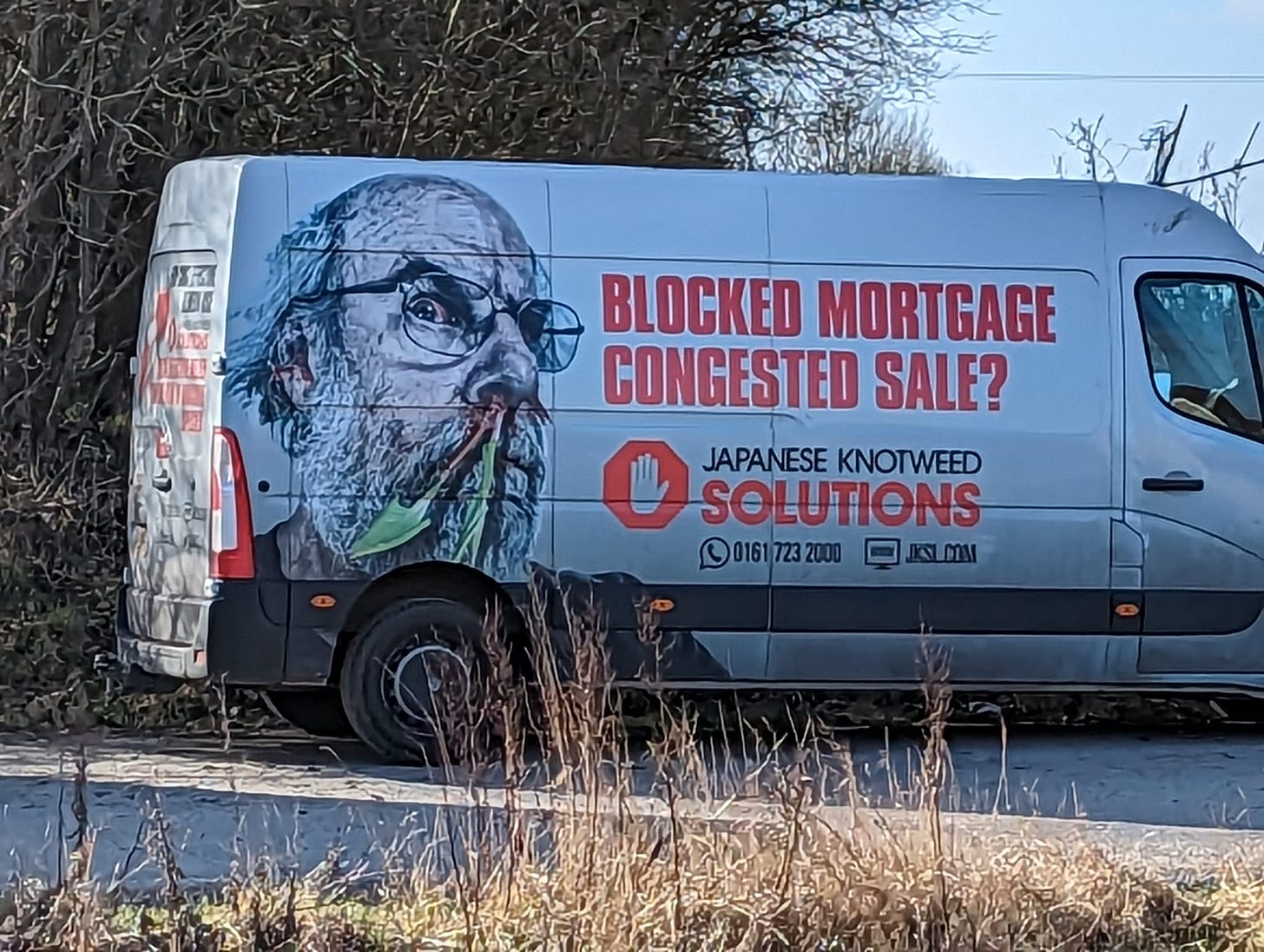 A van with a picture of a man sprouting knotweed from his nostrils and the line "BLOCKED MORTGAGE - CONGESTED SALE?"