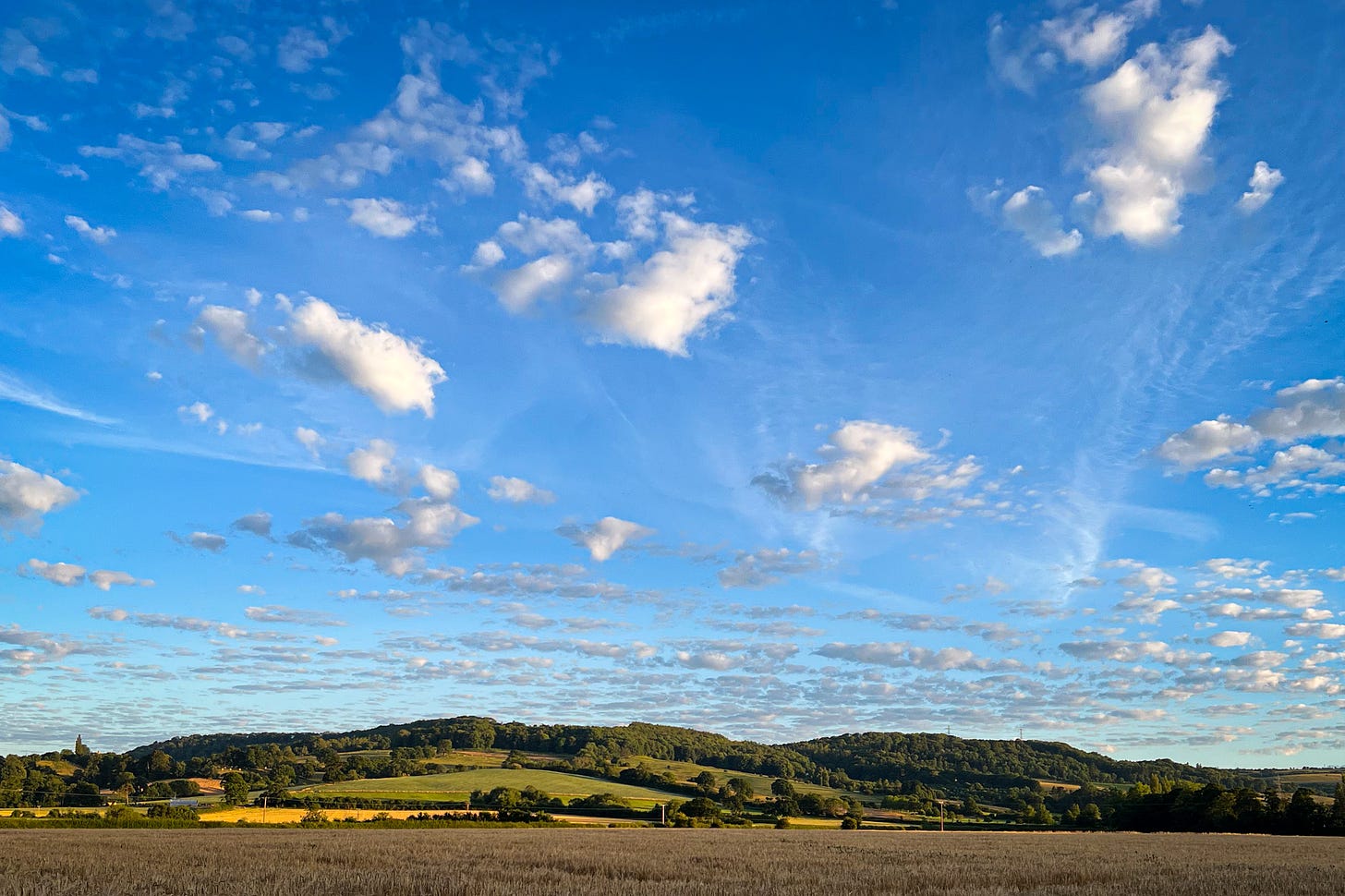 Landscape of a field with hills in the background. Most of the photo shows blue sky and white fluffy clouds