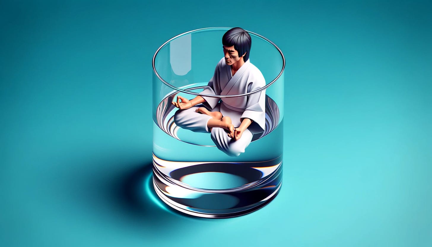 Hyperrealistic isometric icon of a glass full of water placed next to an isometric icon of Bruce Lee meditating inside an empty glass, emphasizing the contrast and his philosophy of 'being like water'.