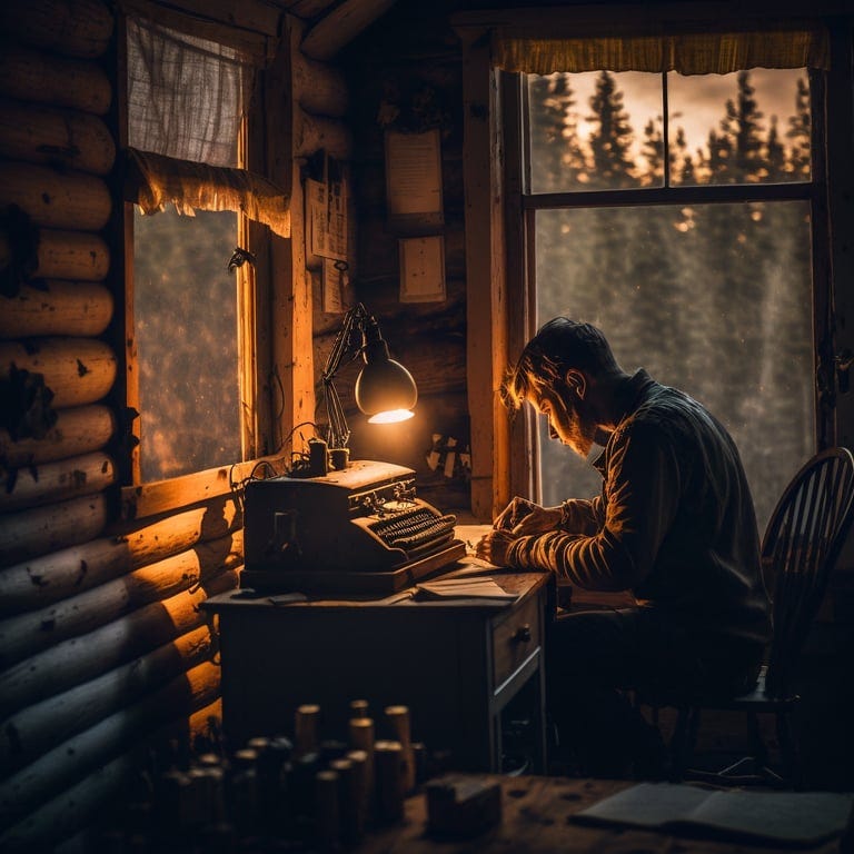 philcrumm: a writer using a typewriter at a desk in a rustic cabin. it is  dusk and the sun's light is shining through a window on the writer.