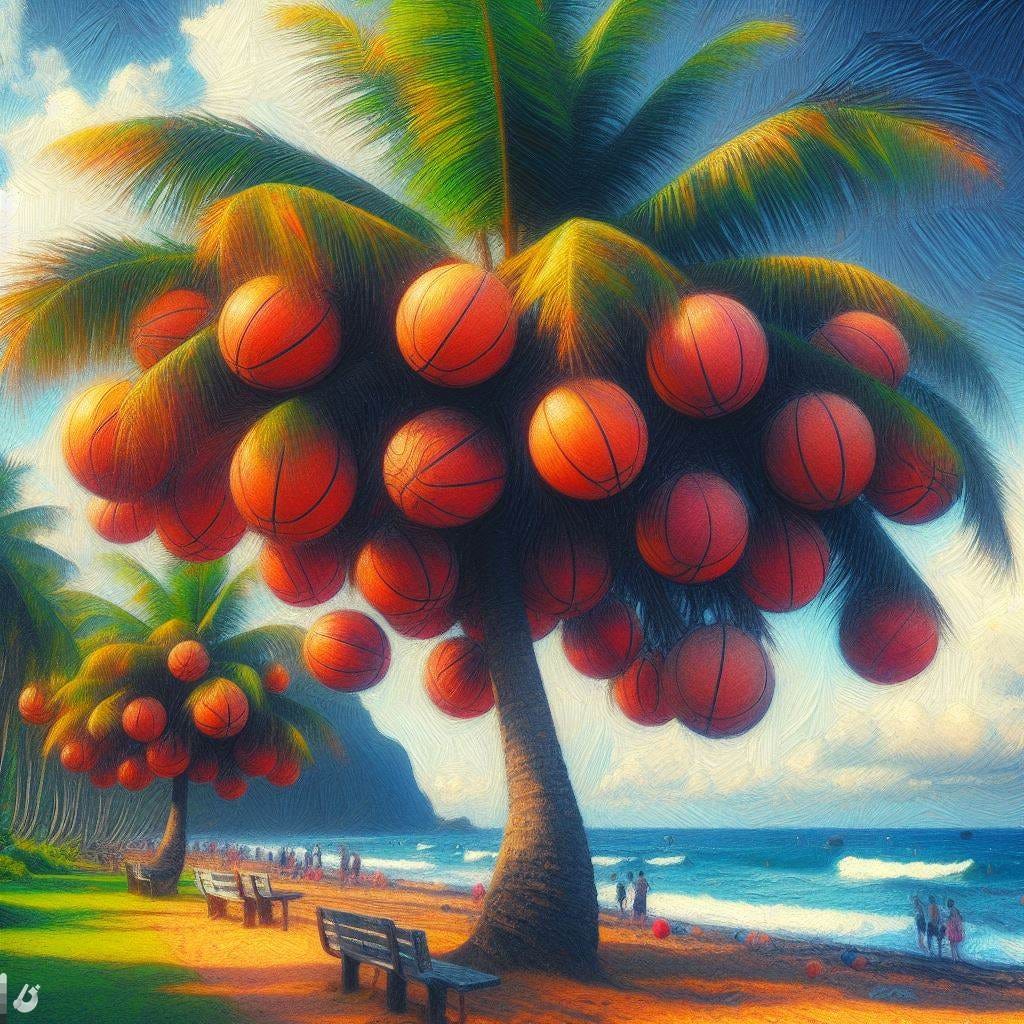 A palm tree in Hawaii growing basketballs, impressionism