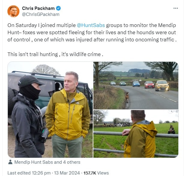 Chris Packham joins sabs at a meet of the Mendip Hunt