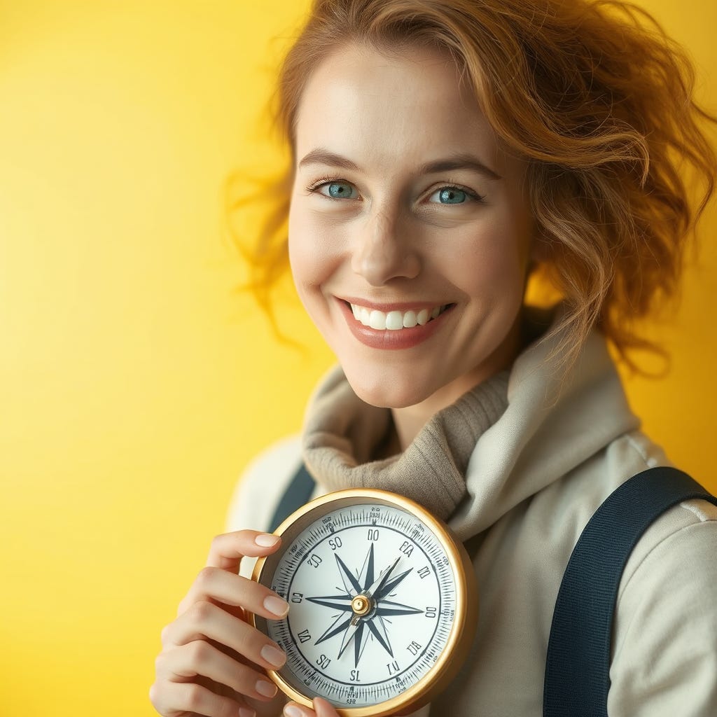 Portrait of a beautiful happy 30-year-old Swedish woman wearing modern clothes, holding a contrasting colored big compass isolated on a vivid contrasting yellow background with space. High-quality