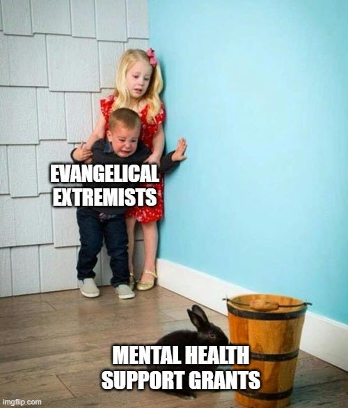 Two children labeled "evangelical extremists" cowered against a wall in fear. They are looking at a cute little bunny, labeled "mental health support grants"