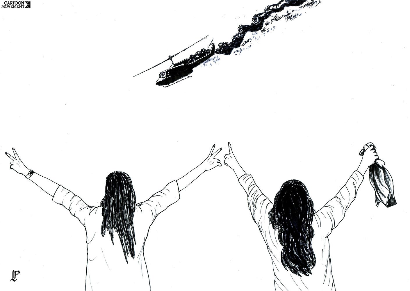 Cartoon showing two women standing watching a helicopter go down. Their arms are raised in celebration, with hands making the peace sign, while one one of the women is also holding a head scarf.