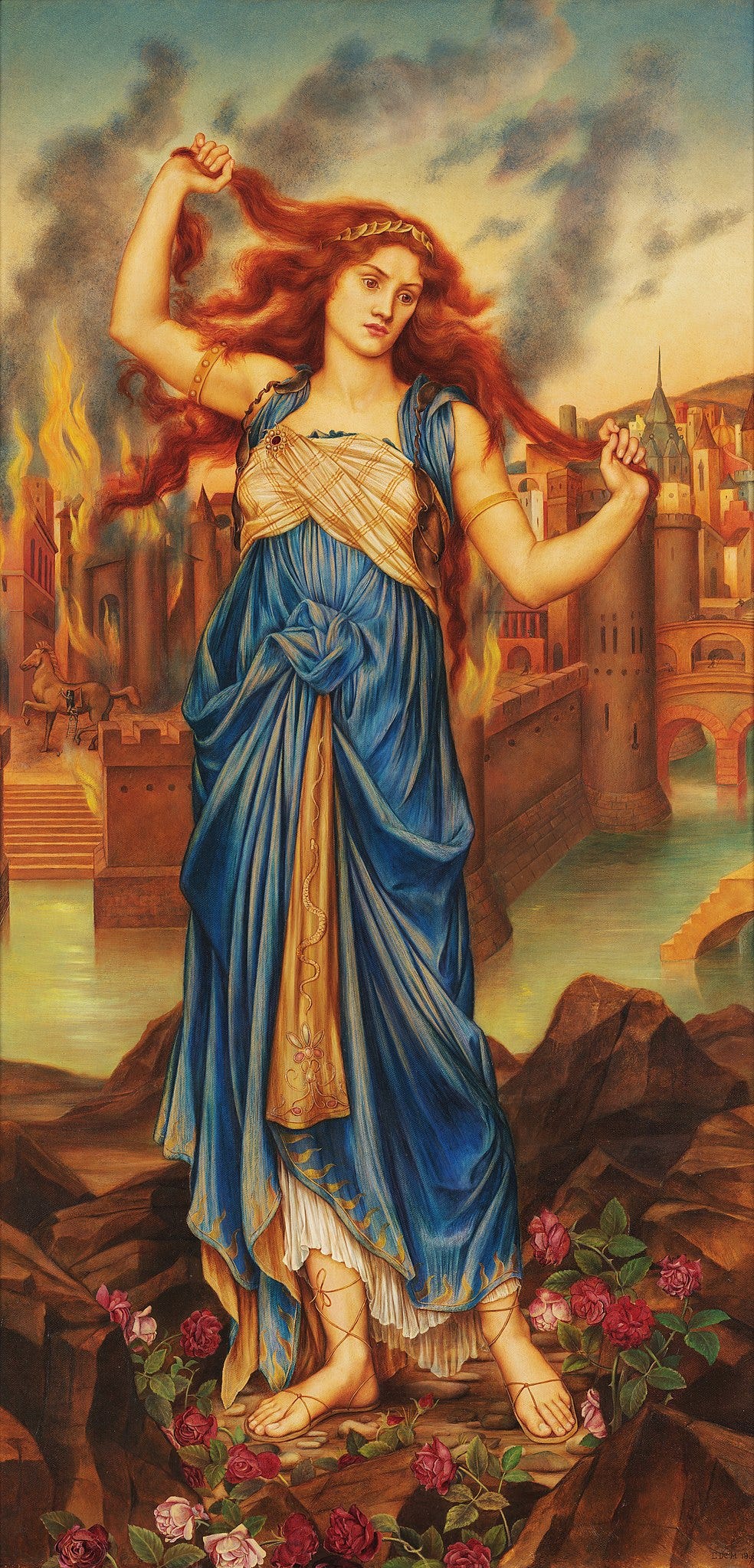 Painting of Cassandra before the burning ruins of Troy