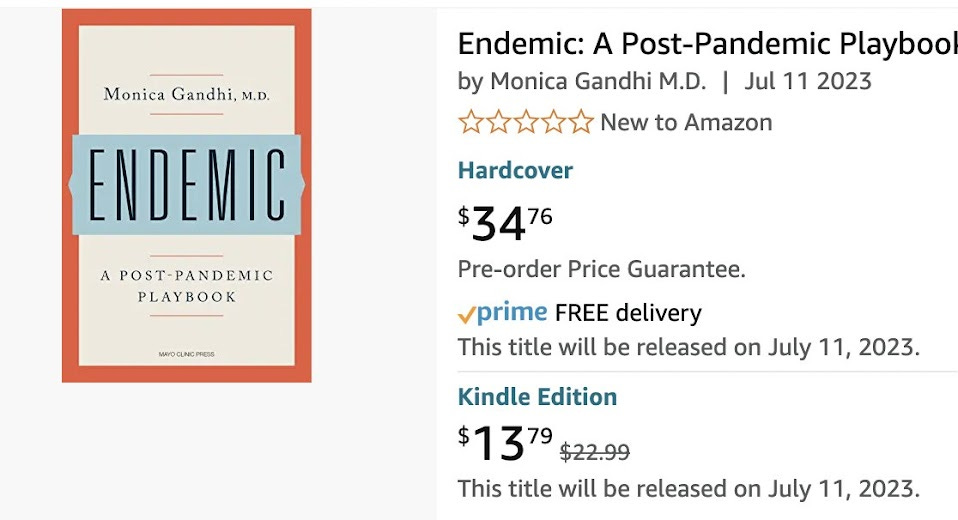 amazon.com screenshot of monica gandhi's new "endemic" book listing for $35