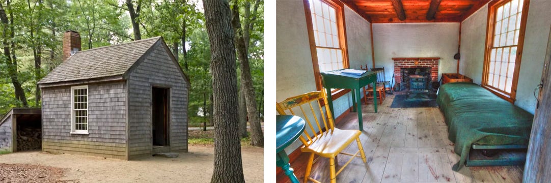 On the right, a wood cabin in the woods; on the left, a small interior space with a bed, desk and chair.